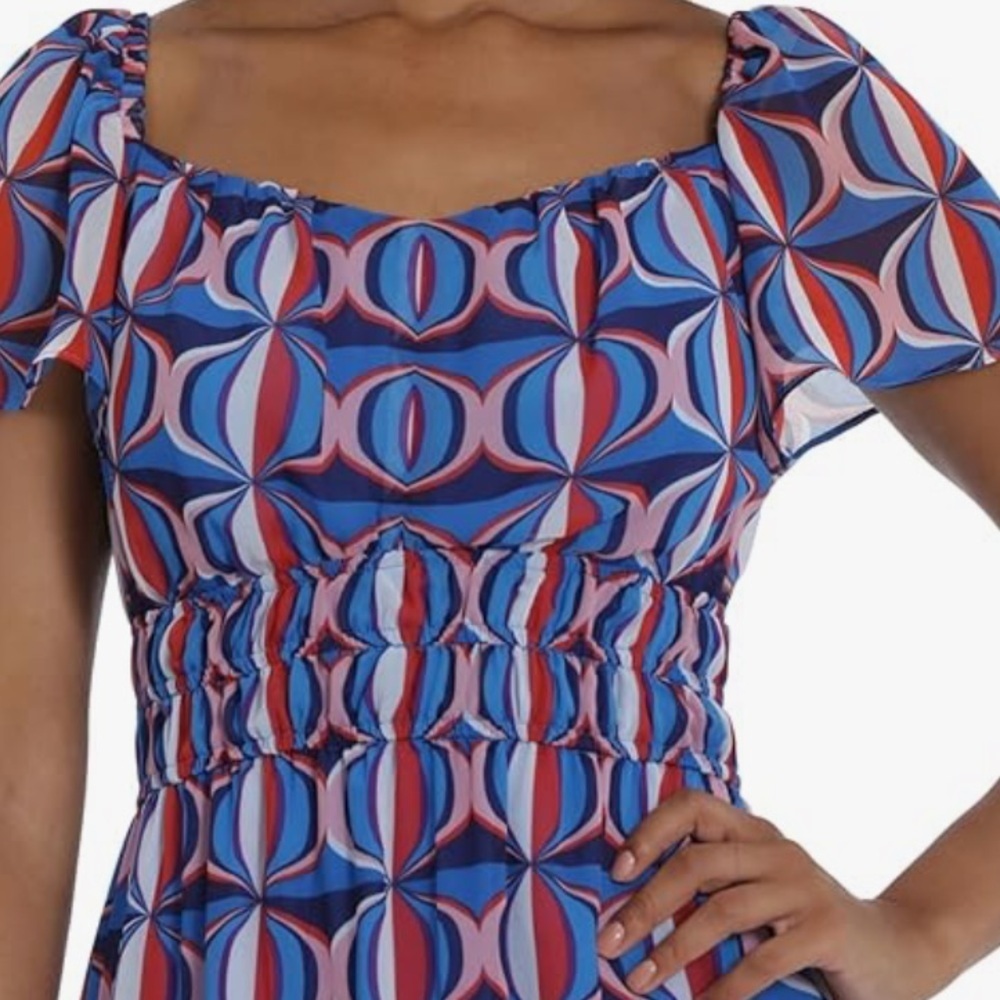 NWT Maggy London Womens Sz 10 Smocked Waist Peasant Midi Dress - Picture 6 of 8